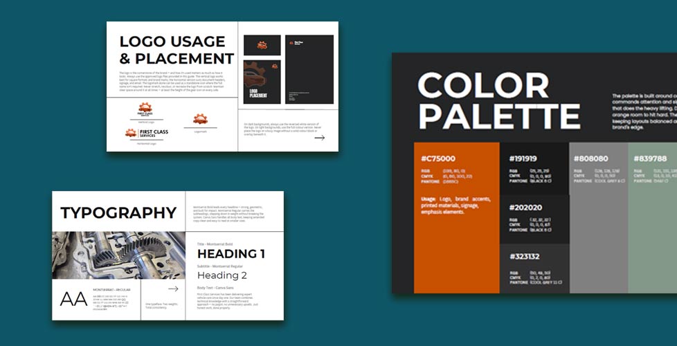 Brand guideline page layout showing logo usage and placement