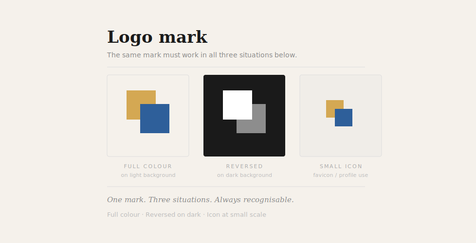 The same logo mark shown in three formats: full colour on light, reversed on dark background, and as a small icon